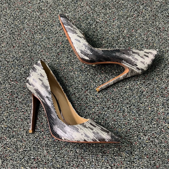SCHUTZ Grey Black White Metallic Leather Snakeskin Print Pumps Stiletto Heel 6.5 - Picture 12 of 16